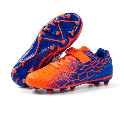 FEETHING Kids Soccer Cleats for Boys Girls Soccer Shoes Firm Ground Youth Lightweight Athletic Training Football Cleats for Little/Big Kid,Blue/Orange,4 Big Kid
