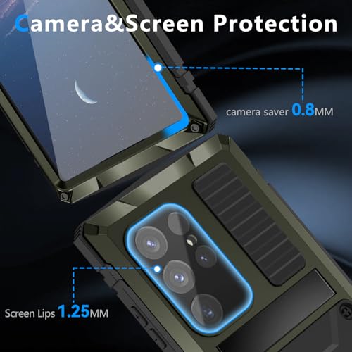 MIYIYQP Compatible for Samsung Galaxy S24 Ultra Metal Case with Stand, Heavy Duty Dust Proof Military Grade Rugged Case, Built-in Screen Protector Camera Protector with Full-Body Bumper Cover (Green)