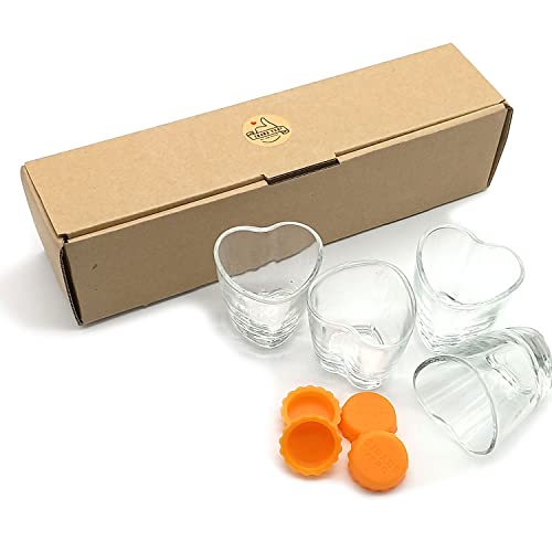 Heart Soju Shot Glasses Set Set Of 4 And Silicone Rubber Bottle Caps 4Pcs 1.7 Oz, Korean Soju, Whiskey, Tequila, Vodka, Espressos, Desserts, Party Decorations, Clear Glass (Heart) #TOP6