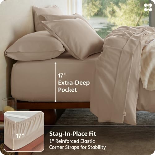 Image of Bedsure PureWoven 100% GOTS Certified Organic Cotton Sheets, Full Size 4PCS | Eco-Friendly, 16 inch Deep Pocket with Corner Straps, Luxury Hotel Soft, Breathable Sateen Bed Sheets, OEKO-Tex, Light Brown