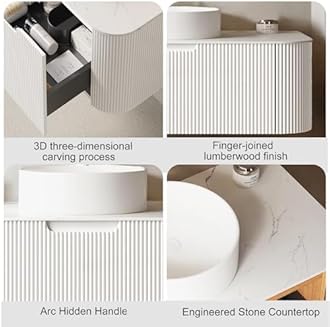 AmbroVania 36 inch Bathroom Vanity with Sink, Floating Cabinet with Ultra-Thin Ceramic Basin and Marble Top, Large Storage Drawer, Soft-Close Design, White