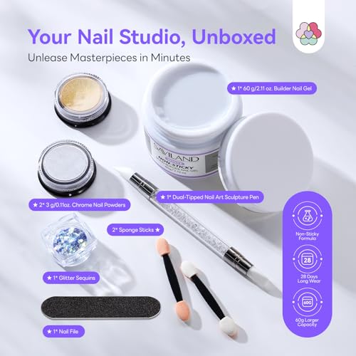 Image of SAVILAND White Solid Builder Nail Gel Kit: Non-Sticky 60 g Sculpture Gel for Nail Art with Chrome Powder Sequins Sculpture Pen Non-Wipe Extensions 3D Nails Art Designs DIY Home