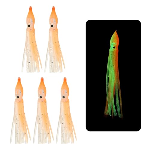 YELARXI Fishing Squid Skirts Glow Soft Plastic Trolling Lures, 5cm/2 Inch Luminous Fit for Bass Trout Salmon Saltwater Fishing Bait (5Pcs, Clear Orange)