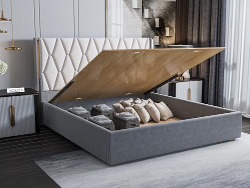 Image of Acacia Modern Upholstered Queen Size Bed with Hydraulic Storage for Bedroom | Wooden Double Beds for Home & Hotels | Platform Cot Bed with Upholstery Fabric, 6.5 x 5 Ft, Sheesham Wood, White-Grey