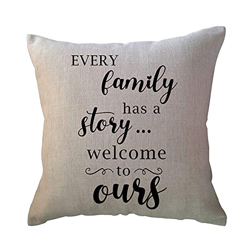 Home Quotes Throw Pillow “Every Family Has a Story Welcome to Ours” Farmhouse Decorative Cushion Cover 18 x 18 Inch Rustic Family Words Country Decor Pillowcases for Sofa/Couch/Porch