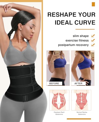 FeelinGirl Neoprene Waist Trainer for Women 3 Straps Tummy Control Workout Corset Cincher Long Torso Trimmer Sauna Belt