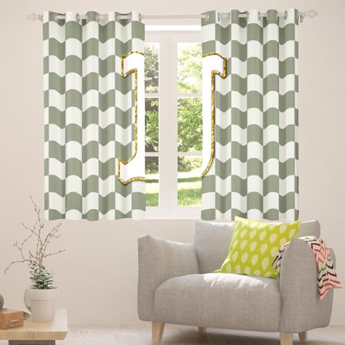 Image of Erosebridal Sage Green Checkered Window Drapes Plaid Initial J Blackout Curtains 42 inch Wx63 L Personalized Monogram Curtains for Bedroom Living Room,Grids Gingham Window Treatments 2 Panels