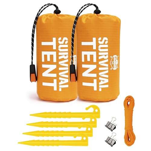 Monterra Emergency Tent, 2 Person Survival Shelter, Thermal Mylar, Waterproof, Outdoor Camping Gear and Equipment, Survival Kits, Compact Bivvy Tarp, Includes Paracord and Accessories. (Orange 2 Pack)