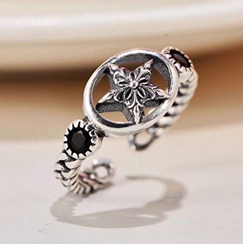 TYERY Anillo Retro S925 Plata Esterlina Retro Hueco Cruzado Flor Estrella de Cinco Puntas Anillo Ajustable Tejido Unisex1 Cover
