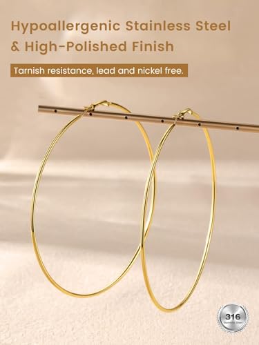 KeyStyle Gold Hoop Earrings for Women, Stainless Steel Hoops Earring Lightweight Loops, 2 mm Thick Hypoallergenic Circle Endless Thin Hoop (30 mm,50 mm,70 mm,100 mm) 5