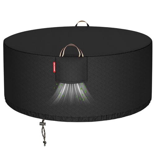 QH.HOME [2026 Upgraded 900D Heavy Duty Fabric] Fire Pit Cover Round for 45-48 inch Fire Pit Waterproof Fireplace Cover with Air Vent Handle & Tightenin 48Dia x 24H -Black