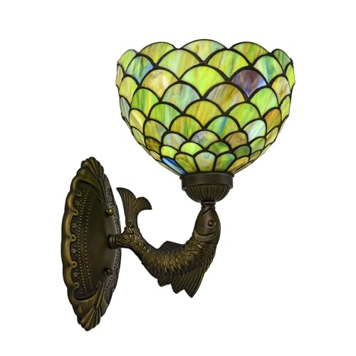 Image of Green Fish Scales Tiffany Wall Sconce 8 inch Stained Glass Wall Light with E26 Base Vintage Art Deco Wall Lamp for Bedroom Hallway Living Room Home Office
