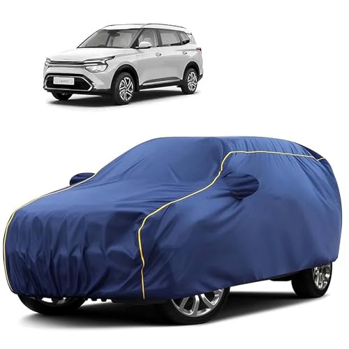 Image of Sulfar 100% Water Resistant Car Body Cover Compatible with Mirror for Kia Carens (Triple Stitched, Full Bottom Elastic, Blue Tafetta with Yellow Piping)