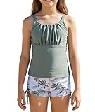 MFAVIP Girls Bathing Suits 2 Piece Tankini Set-Adjustable Straps Swim Top & Drawstring Shorts, Athletic Bathing Suit for Ages 7-16
