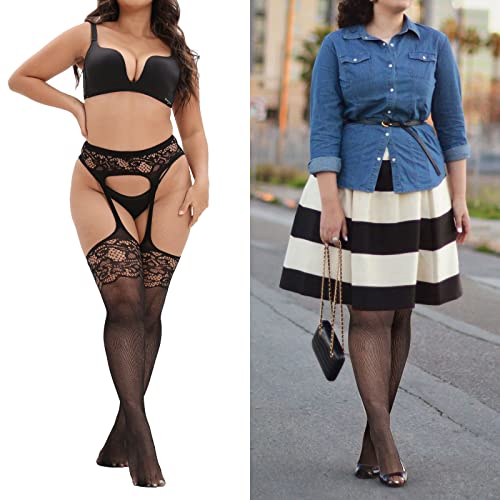 MANZI Plus Size Thigh High Stockings Womens Suspender Garter Patterned Fishnet Tights3