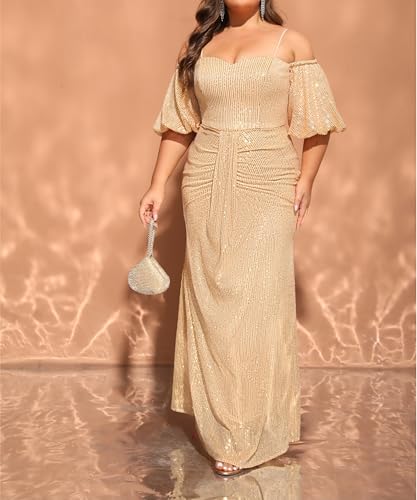 Image of Women's Plus Size Off The Shoulder Puff Sleeve Dress Sequin Formal Maxi Evening Cocktail Party Gowns