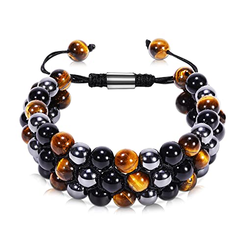 Ckkllws Triple Protection Bracelet,Handmade Bracelets,Bracelet for Women and Men,8mm Natural Tiger Eye Obsidian Hematite Healing Crystal Bracelet,Bring Luck and Prosperity and Happiness (8mm,3 Layer)