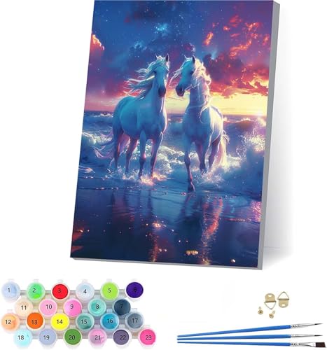 Horse Framed Paint by Numbers Kit for Adults, Sunset Paint by Numbers Kit for Adults on Canvas, DIY Acrylic Oil Painting Kits with Brushes, Painting for Home Wall Decor, Gifts for Women 28x38in F-2627