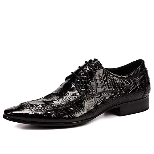 Business Oxford for Men Formal Dress Shoes Lace Up StyleGenuine Leather Embossed Crocodile Texture Pointed Toe Block Heel