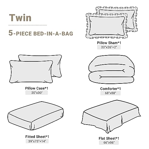 JOLLYVOGUE Beige Twin Size Comforter Sets 5 Pieces,Pintuck Bed in a Bag Comforter Set for Bedroom, Bedding Comforter Sets with Comforter, Sheets,Ruffled Shams & Pillowcases