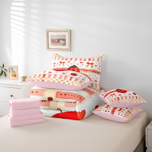 Image of Cartoon Ladybug Bedding Sets Queen Red Orange Bowknot Hearts Comforter Set Watercolor Stripes Grid Rustic Style All Season Comforter Flat Sheet Fitted Sheet 2 Pillowcases 2 Throw Pillow Covers 7 Pcs