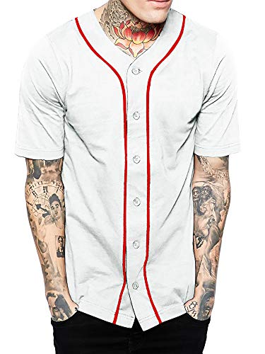 Hat and Beyond Mens Baseball Button Down Jersey (01up01_White/Red,Large)