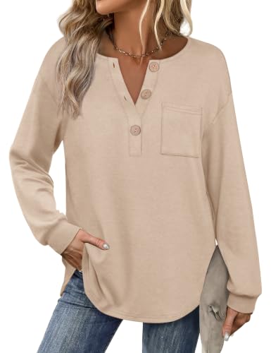 OFEEFAN Fall Fashion for Women 2026 Quiet Luxury Clothes Women's Henley Shirts Long Sleeve V Neck Casual Tunic Tops with Pocket L Beige