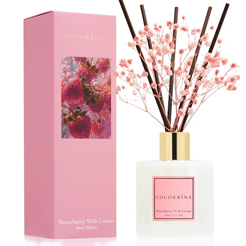 Image of COCORRINA Reed Diffuser - Strawberry with Cream 6.7 fl oz Reed Diffuser with Sticks, Home Bedrrom Bathroom Shelf Decor