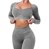IMEKIS Trainings Outfit für Damen 2-teilig Sportbekleidung Gym Set Sport Crop Top mit Hoher Taille Laufshorts Leggings Nahtlos Gerippt Trainingsanzug Yoga Sportanzug Activewear Grau 1 S
