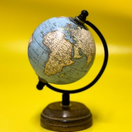 EXERZ 8cm Mini Antique Globe with Wooden Base Light BLue, Handcrafted Decorative Globe GF23 (8cm)