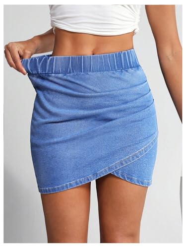 Milumia Women's Denim Skirt Bodycon Wrap Hem Elastic Waist Bodycon Ruched Short Mini Jean Skirts3