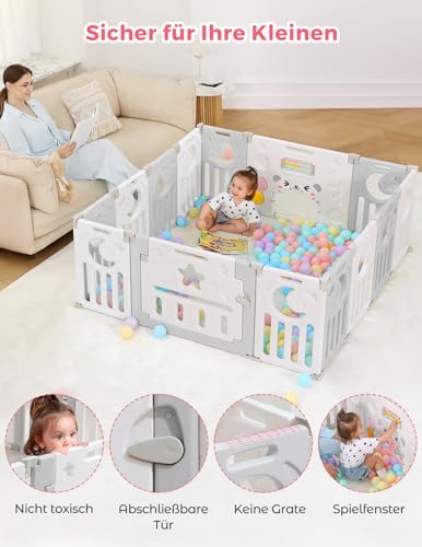 Foto von Dripex Laufstall Baby faltbar 150x150x62cm (14 Paneele) mit Spielboard, Laufgitter Baby, Kinderlaufstall & Babyzaun aus strapazierfähigem Plastik, Playpen für Innen & Außen, Grau