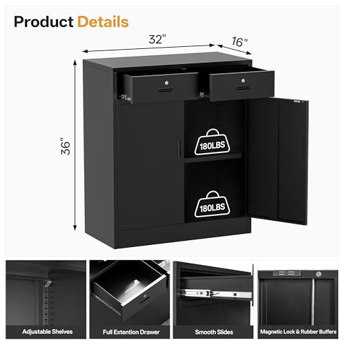 Storage Cabinet, 36 Inch Tall Metal Storage Cabinet with Doors and Shelves, Metal Cabinet with Drawers, Pantry Cabinets for Kitchen Storage, Garage Cabinet for Living, Dining Room.