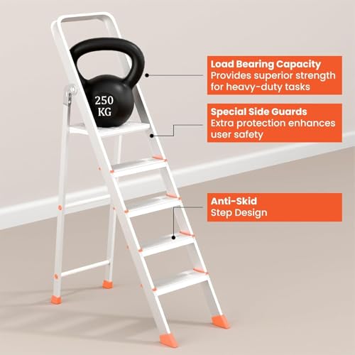 Image of 5 Step Foldable Aluminum Step Ladder with Anti-Slip Steps & Rubber Feet | Heavy-Duty Portable Ladder for Home, Kitchen, Office & Indoor Use (5 Step)