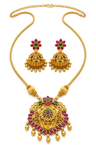 Image of Traditional Gold-Plated Lakshmi Temple Pendant Necklace Set for Women | Antique South Indian Jewelry with Jhumka Earrings | Ethnic Bridal, Wedding & Festive Jewelry Set