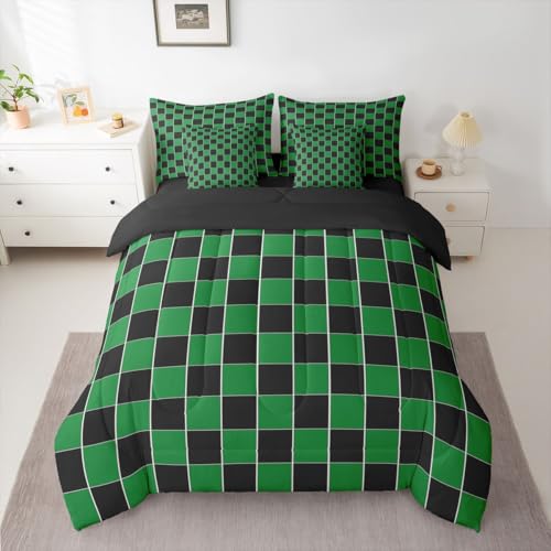 Image of Erosebridal Plaid Full Bed in A Bag 7 Piece Green Black Checkerboard Comforter Set with Sheets Geometric Checkered Bedding Sets for Kids Adults,Aesthetic Grids Bed Set