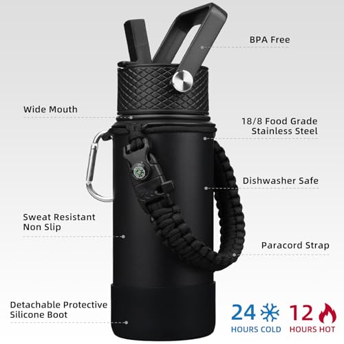 Image of BJPKPK 18oz Insulated Water Bottle with 3 Lids, Straw Lid & Handle