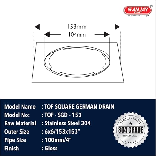Image of Stainless Steel Floor Drain Cover Jali 304 Grade Bathroom Collection Kitchen Washbasin Sink Bathtub Washroom Water Drainer Cleaning Toilet (Square German Drain 6x6 Inch Silver)