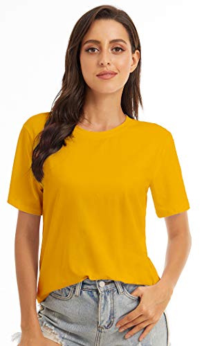 Viioo Women's Loose Short Sleeve Crewneck T-Shirt Basic Casual Solid Tops(Mustard Yellow/O-Neck,M) #TOP5