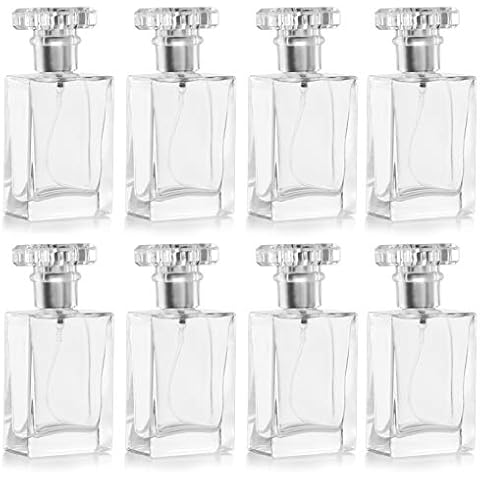 BELLE VOUS 30ml/1oz Empty Refillable Perfume Clear Glass Atomiser Spray Bottles (8 Pack) - Transparent Square Bottles with Silver Mist Pump - Portable for Travel, Essential Oils, Aftershave & Cologne Cover