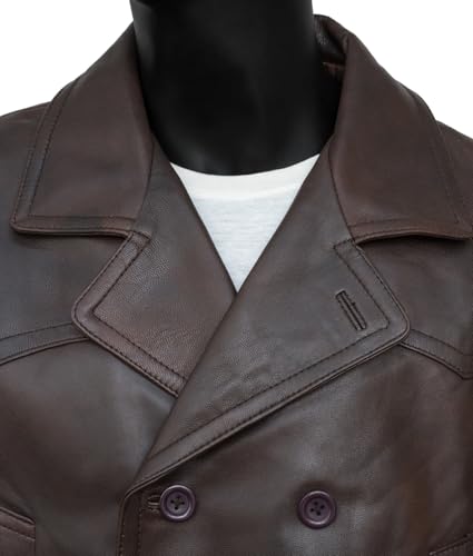 Higobo Men's Brown Leather Pea Coat Double Breasted Men Peacoat Jacket2