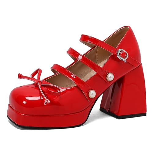 Alyaafifa Gorgeous High Heel Platform Pumps for Women Chunky Heels with Bow Closed Square Toe Ankle Strap Mary Jane Patent Leather Dress Shoes Club Ballroom Event Wedding Party
