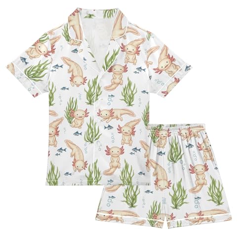 Mozuya Axolotl Fish 2 Piece Pjs Set White Satin Pajamas Clothes for Nightwears