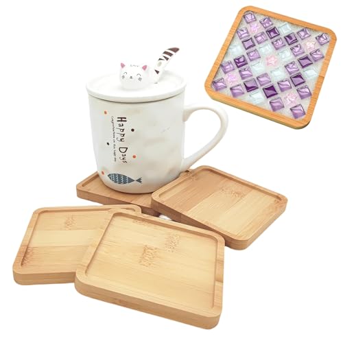 Sottobicchieri a mosaico di bambù – ciotole di base vuote per lavori di bricolage, forniture per mosaici fai-da-te, bicchieri e piante, piatti artistici (quadrati), 4 pezzi