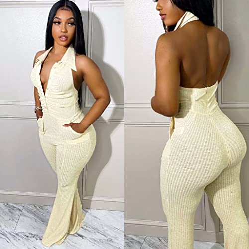 Women's Elegant Sleeveless Halter Button Bodycon Sexy Backless Ruched Wide Leg Flared Jumpsuits With Pockets Beige L #TOP1