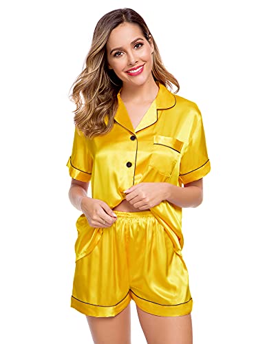 Image of LecGee Womens Silk Satin Pajamas Short Sleeve Loungewear Two-Piece Sleepwear Button-Down Pj Set