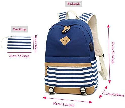 Canvas Backpack School Bags for Teenager Girls College Laptop Student Rucksack with Pencil case, Striped Casual Daypacks with USB Charging Port (Black-Strips)