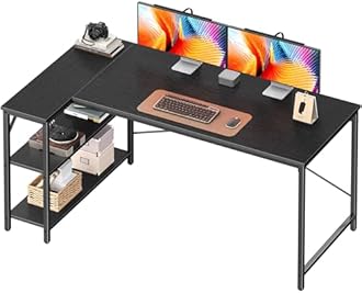 Huuger L Shaped Desk, 55 Inches Computer Desk with Reversible Storage Shelves, for Gaming Corner Home Office Writing Study, Metal Frame, Black