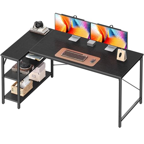 Huuger L Shaped Desk, 55 Inches Computer Desk with Reversible Storage Shelves, for Gaming Corner Home Office Writing Study, Metal Frame, Black