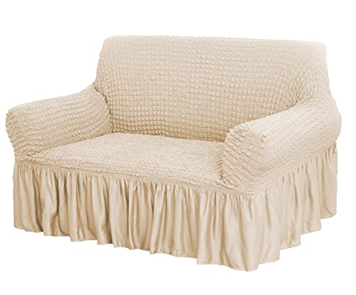 Image of House of Quirk Turkish Bubble Frill 280 GSM Sofa Slipcovers, Durable Washable Universal Double Seater High Elastic Furniture Protector (Beige, 145-185cm)